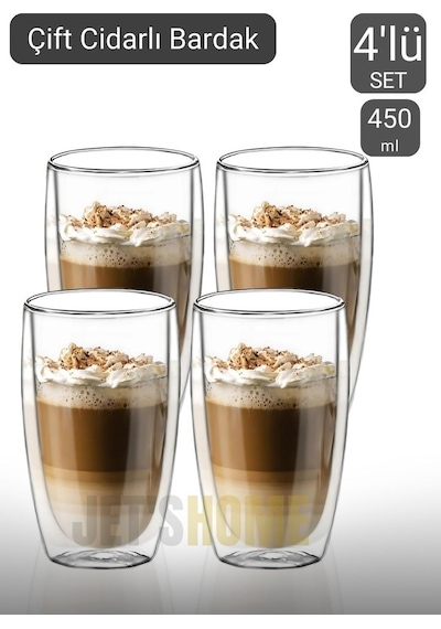 4 Lü Set Büyük Latte Bardağı Cappuccino Bardağı Çift Cidarlı Bardak Americano Bardağı 450 Ml Şeffaf