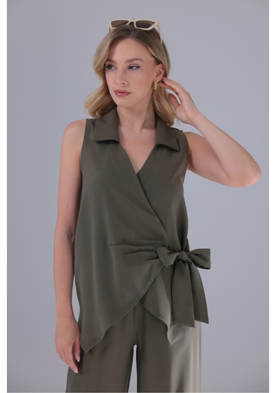 Eseclass Yandan Bağlamalı Tencel Kumaş Bluz Gömlek Haki Haki