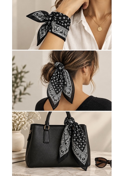 Herşeynota 12 Li Siyah Beyaz Paisley Desenli Fular Seti %100 Pamuk 52x52 Cm Günlük Kullanım Çok Renkli