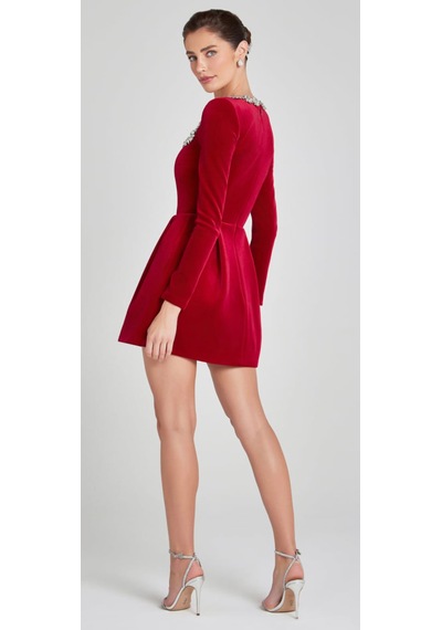 Hanife Glam Couture Hanife Glam Kare Yaka Taşlı Mini Kadife Elbise Kırmızı
