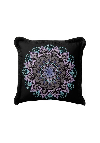 Mandala Motifli Saçaklı Yastık Kılıfı - Bohem Siyah Mor Püsküllü Kırlent Kılıfı Orman Koyu Kahve