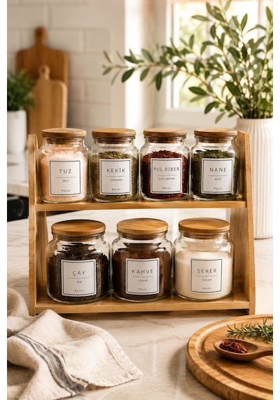Prime Ekstra - 2 Katlı Saklama Kabı Organizer Bambu Standlı Baharatlık Seti Kaşık Hediyeli Diğer