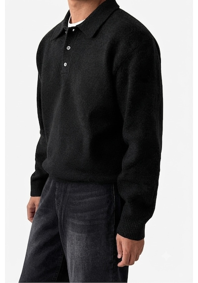Serablanka Erkek Polo Yaka Oversize Triko Kazak Rahat Kalıp Siyah