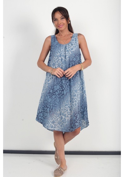 By Saygı Kadın İtalyan Cotton Yaka Lastikli Astarlı Leopar Sıfır Kol Midi Elbise İndigo