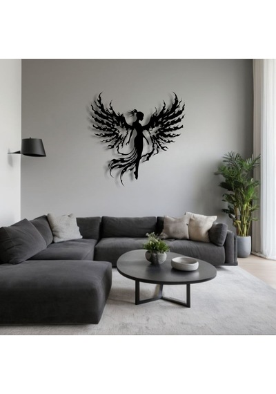 Alev Kanatlı Melek Metal Duvar Dekoru Gücün Ve Zarafetin Sanatsal Yorumu - Renk Variant Property : 000-siyah, Ebatlar Variant Property : 80 X 80