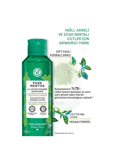 Yves Rocher Karma-yağlı-sivilce Eğilimli Cilt, Siyah Nokta Karşıtı Pudralı Tonik-glikolik Asit-pure Menthe-150ml