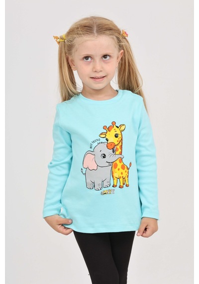 Toontoy Kız Çocuk Zürafa Fil Baskılı Sweatshirt Turkuaz