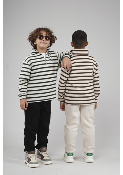 King-Brich Kingbrich Kids Oversize Kalıp Çizgili Yakası Fermuarlı Sweatshirt Kahve