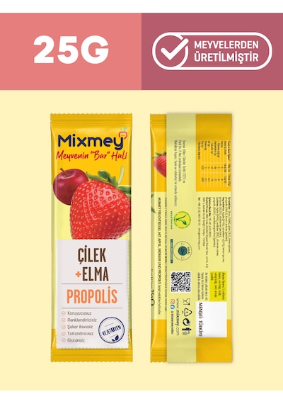 Mixmey Bee Propolis Çilek Meyve Barı 24 Adet | Atıştırmalıklar – Glutensiz (25GR X 24 ADET