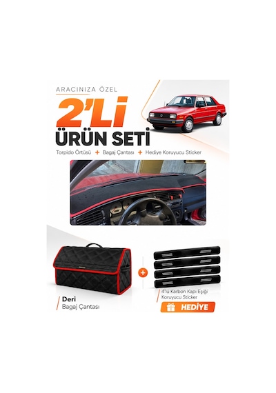 Volkswagen Jetta 1991-1997 Uyumlu Torpido Örtüsü + Deri Bagaj Çantası + Sticker - Siyah Kırmızı