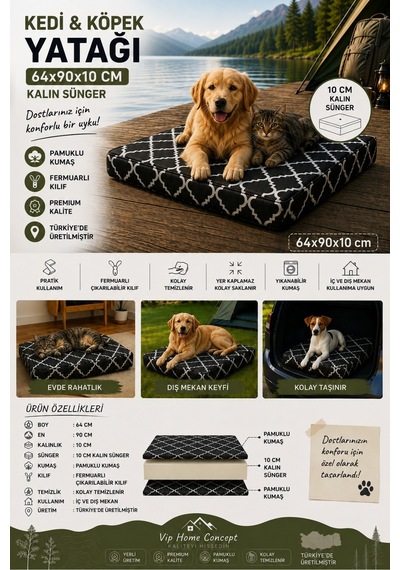 Büyük Irk Köpek Yatağı Süngerli Fermuarlı Yıkanabilir Kılıflı Köpek Minderi 64x90x10 Cm-karaçatı