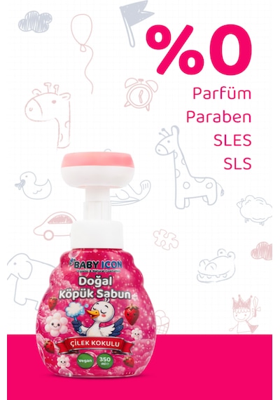 Baby Icon Doğal Çocuk Köpük El Sabunu 350 Ml Çilek Kokulu Lavanta Aynısefa Vegan Parabensiz Çiçek Şekilli Pembe Köpük