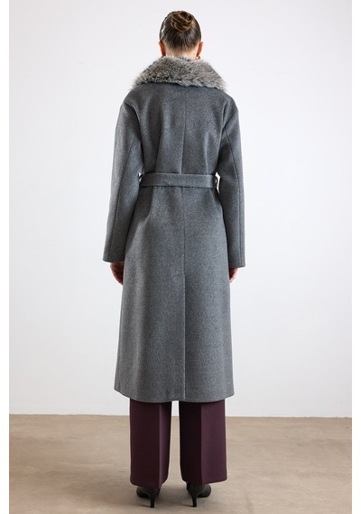 Olcay Oversize Çıkabilen Kürklü Düşük Kol Kaban Koyu Gri 3178
