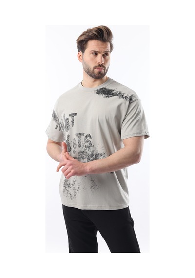 Madmext Boyalı Gri Baskılı Erkek T-shirt E7115 Boyalı Gri