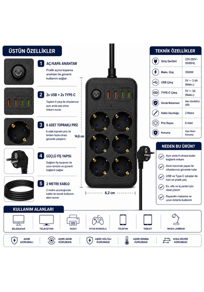 Sh-4630 6 Lı Akım Korumalı Priz 2 Usb + 2 Type-c Çıkışlı 2 Metre Kablolu Anahtarlı Topraklı Çoklu Grup Priz 2 M