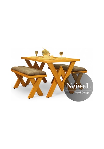 Neiwel Garden Venus Doğal Ahşap Banklı Bahçe Masa Takımı-70-140 Takım Açık Ceviz