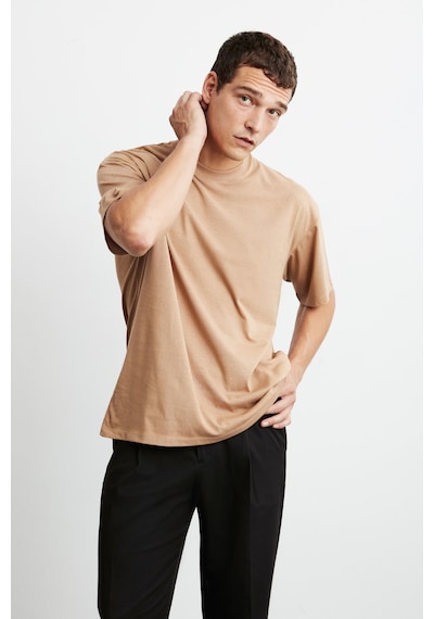 Grımelange Jett Erkek Oversize Fit %100 Organik Pamuk Kalın Dokulu Bisiklet Yakalı Kahverengi T-shirt Kahverengi