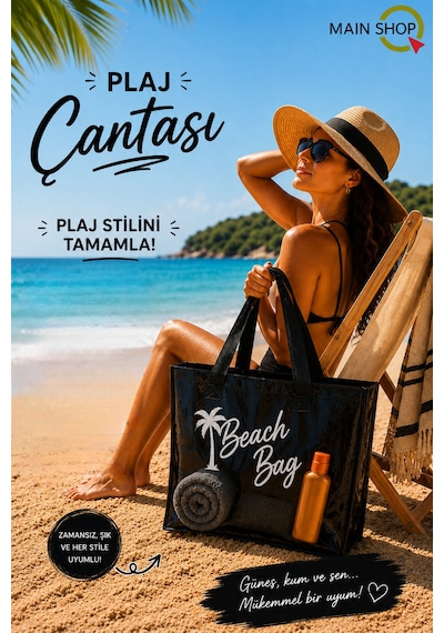 Mainshop Siyah Şeffaf Beach Bag Kadın Plaj Çantası Büyük Hacimli M-plj01