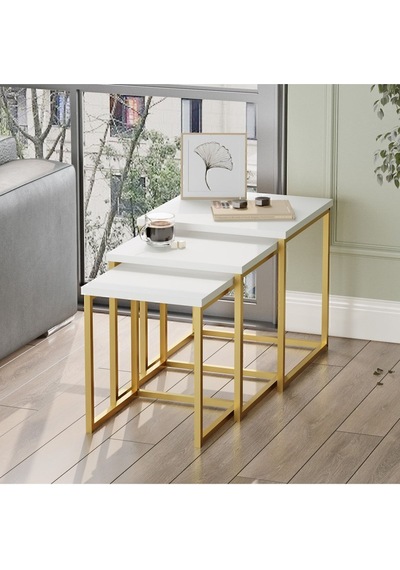 Atlantis 3'lü Gold Metal Zigon Sehpa Beyaz Atl7-w Beyaz
