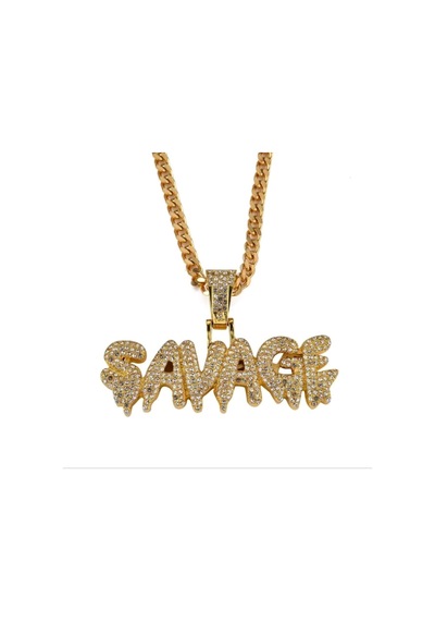 Lunarie Savage Yazılı İced Out Kolye 14k Gold Kararmaz Çelik Altın