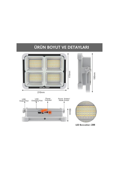 Seyyar Solar Led Projektör Gri Renk Cata 200w Güneş Enerjili Portatif Led Işık Taşınabilir Sokak Aydınlatması I
