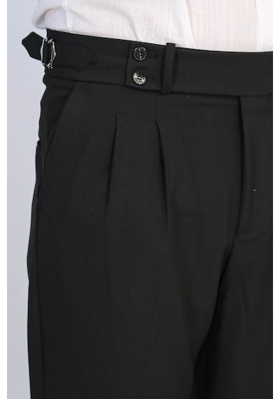 Siyah Çift Pileli Tokalı Yüksek Bel Slim Fit Pantolon Wessi Siyah