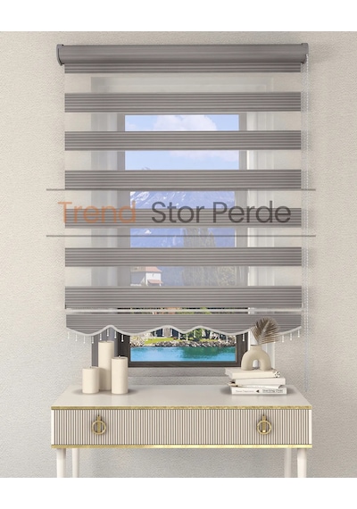 Geniş Plise Gri Boncuklu Zebra Stor Güneşlik Perde Opak Gri