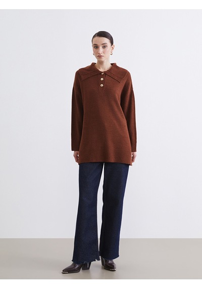 Lcw Modest Kahverengi Polo Yaka Kadın Triko Kazak