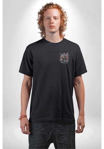 Gitar Kafatası Güller Doğa Uyumu Siyah Oversize Unisex Ön Sol Yan Minimal Baskılı Tişört Koyu Siyah