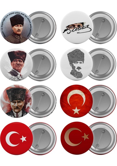 Atatürk Ve Türk Bayrağı Çanta Rozeti Seti 8 Adet En Büyük Boy 5.8