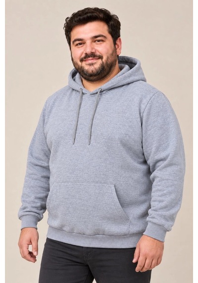 Ertaştrendstore Erkek Battal Büyük Beden Üç İplik İçi Şardonlu Kapüşonlu Kanguru Cepli Kışlık Sweatshirt - Gri Çok Renk