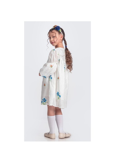 Mnk Baby & Kids Otantik Akdeniz Çiçek Nakışkız Çocuk Müslin Elbise M00706 Beyaz