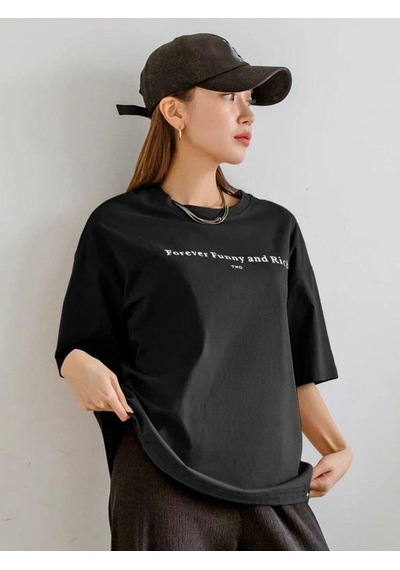 Flood Of Style Kadın Siyah Funny Baskılı Oversize T-shirt