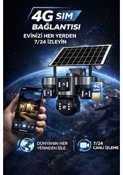 Sim Kartlı Üç Motorize Kameralı Siren Alarmlı Güneş Panelli Gece Görüşlü Güvenlik Kamerası