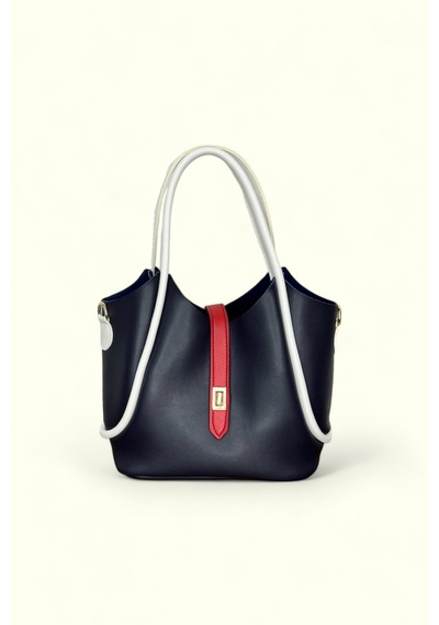Lacivert Deri Omuz Çantası, Beyaz Saplı, Kırmızı Şeritli, Fermuarlı Cepli Lacivert