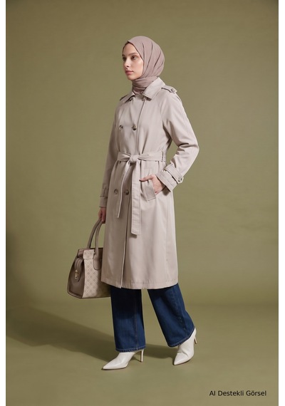 Armine Trend Klasik Yaka Belden Kuşaklı Çift Cepli 101 Cm Boy Trenckot Taş 26kt728