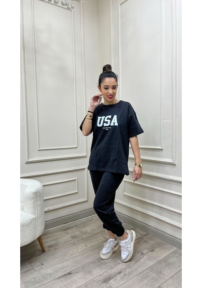 Usa T-shirt Eşofman Altı Jogger- Beyaz Baskılı Antrasit Eşofman Takım Oversize Bisiklet Yaka Antrasit-279580