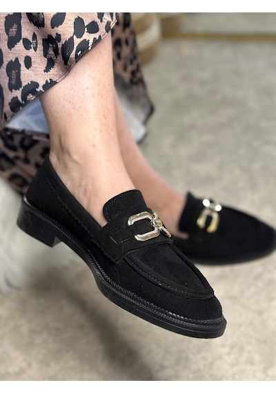 Günlük Kadın Loafer Klasik Alçak Topuklu Desenli Taban Zincirli Oval Burunlu Makosen Ayakkabı 100 Siyah Süet Altın Günlük Kadın Loafer Klasik Alçak Topuklu Desenli Taban Zincirli Oval Burunlu Makosen Ayakkabı 100 Siyah Süet Altın