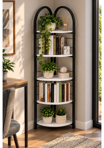 Sulorahome Metal Köşe Kitaplığı Ve Saksılık Beyaz 150 Cm Antrasit