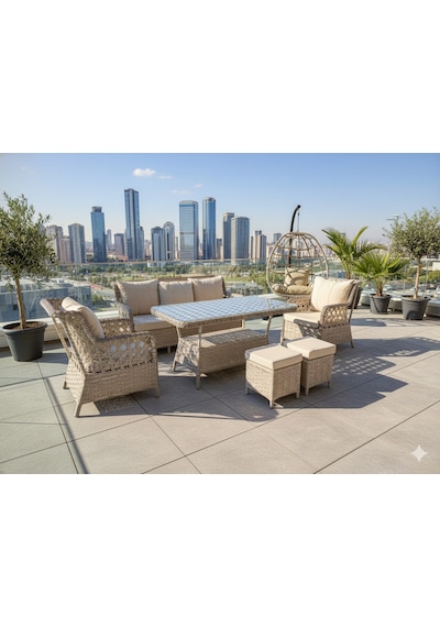 "city View" Lüks Rattan Balkon/teras Takımı Ve Salıncak Seti 7 Kişilik Krem