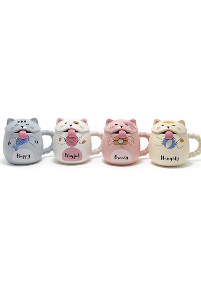 Özel Tasarım 3d Kedi Figürlü Kapaklı Kaşıklı Kupa Bardak
