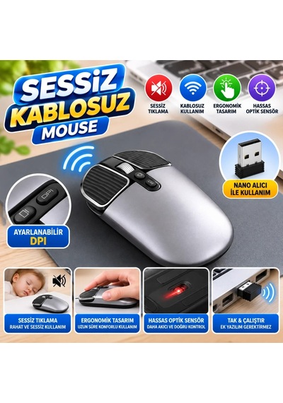 Ers Sessiz Kablosuz Mouse Wireless Optik Mouse, Sessiz Tıklama, Ergonomik Tasarım