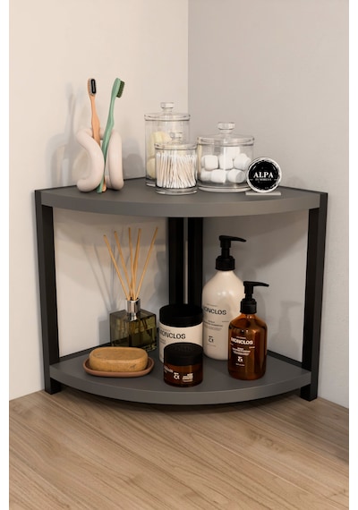 İki Raflı Banyo Köşe Oval Düzenleyici Organizer Raf Metal Gövdeli Çok Amaçlı Banyo Standı Antrasit