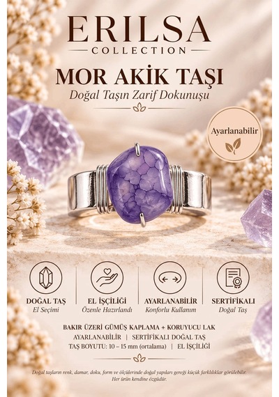 Sertifikalı Doğal Mor Akik Taşı Ayarlanabilir El İşçiliği Gümüş R Çok renkli