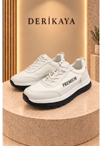 Deri Kaya Erkek Premium Kalın Taban Bağcıklı Günlük Sneaker Spor Ayakkabı Beyaz