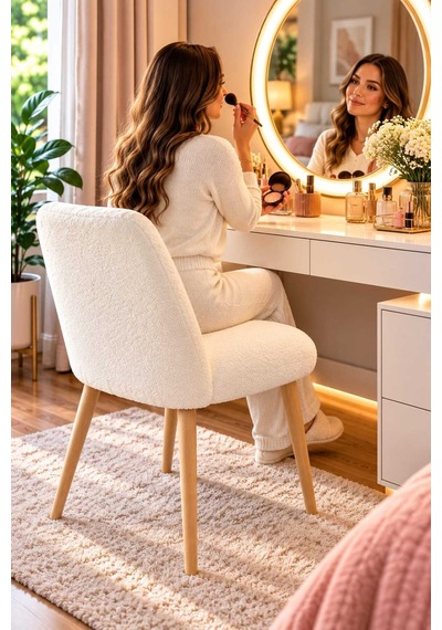 Arya Makyaj Masası Sandalyesi Teddy Kumaş Ahşap Ayaklı Dekoratif Sandalye Mutfak, Salon, Makyaj Pufu Ve Çalışma Sandalyesi Beyaz Arya Makyaj Masası Sandalyesi Teddy Kumaş Ahşap Ayaklı Dekoratif Sandalye Mutfak, Salon, Makyaj Pufu Ve Çalışma Sandalyesi Beyaz