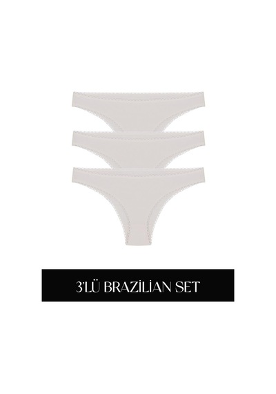 Cotvie Ekru Pamuklu Brazillian 3'lü Set Külot Ekru