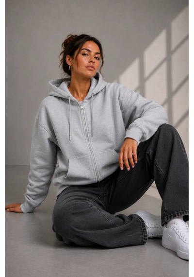 Bb Butik Basic Kadın Oversize Fermuarlı Kapüşonlu Sweatshirt Üç İplik Sweatshirt Hırka My3535 Gri Bb Butik Basic Kadın Oversize Fermuarlı Kapüşonlu Sweatshirt Üç İplik Sweatshirt Hırka My3535 Gri