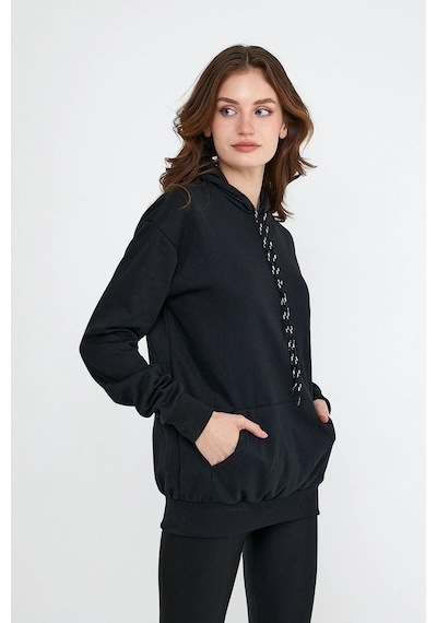 Startmore Kadın Beyaz Kapüşonlu Kanguru Cep Sweatshirt Siyah