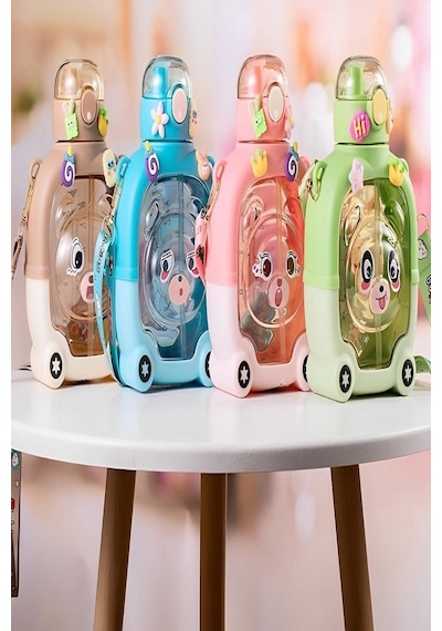 Sevimli Ayıcık Su Matarası Suluk Bpa İçermez Yeşil Okul Kapaklı Su Şişesi Sticker Figürlü 1000 Ml Ye Diğer